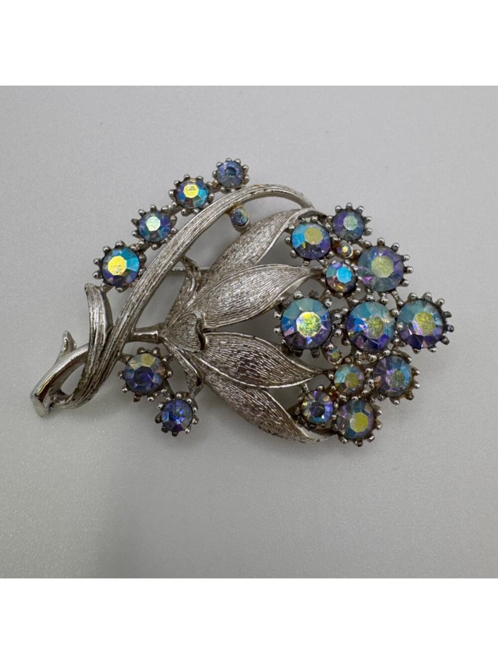 Vintage Coro AB Rhinestone Floral Brooch Silver Tone Blue Aurora Borealis Pin